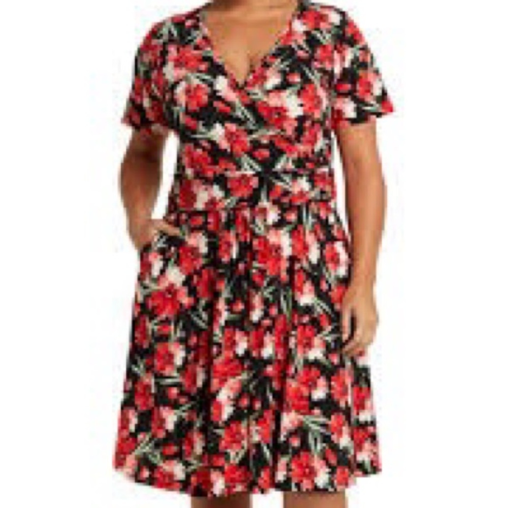 Love By Design Mallory Zinnia Burst Dress 1X Plus Sz Floral Fit & Flare Pockets